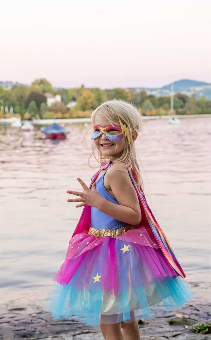 Disfraz Tutú, Capa y Antifaz Superheroína Dorado Rosa