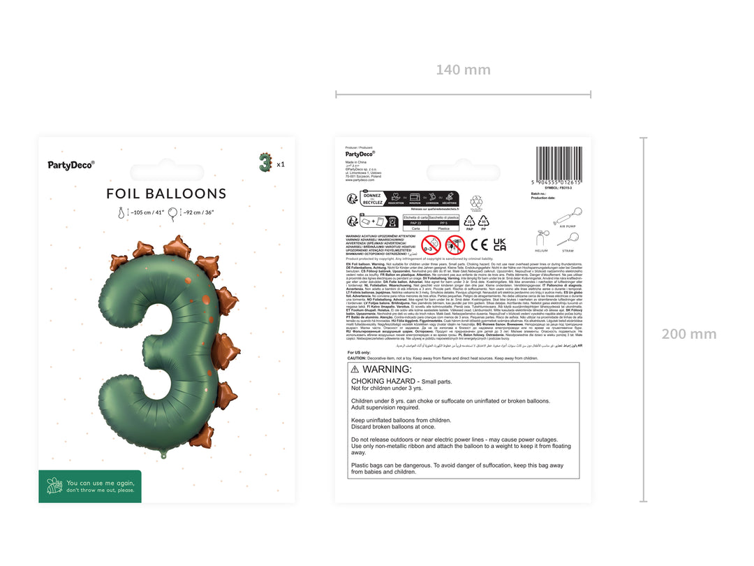 Globo Foil Número Dinosaurio 3 Verde Oscuro