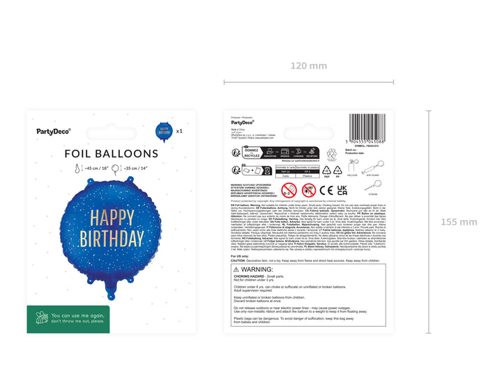 Globo Foil Redondo Happy Birthday Azul 45 cm