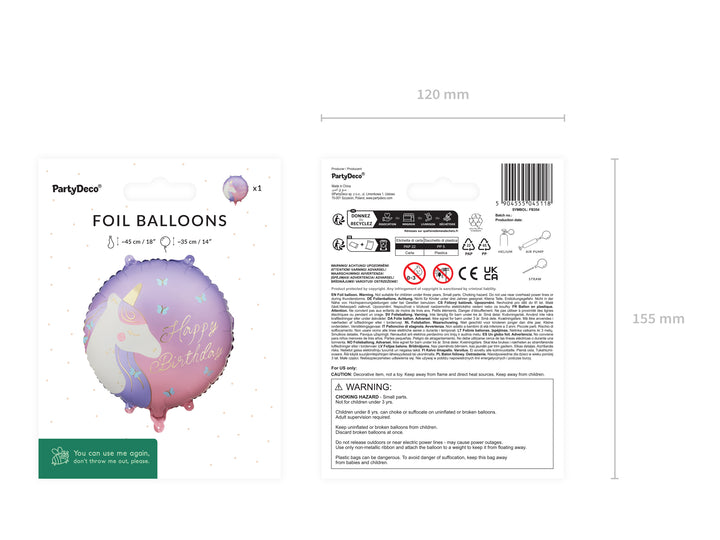 Globo Foil redondo Happy Birthday Unicornio 45 cm