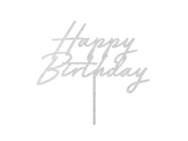 Topper Acrílico Pastel Happy Birthday Plata Glitter
