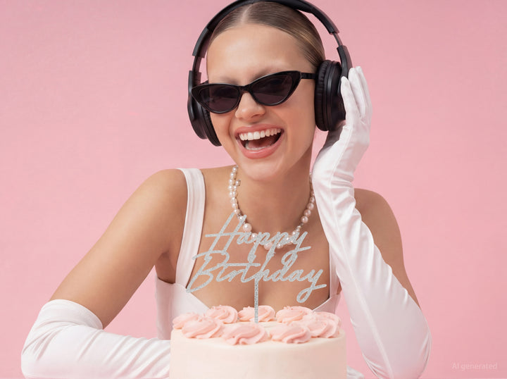 Topper Acrílico Pastel Happy Birthday Plata Glitter
