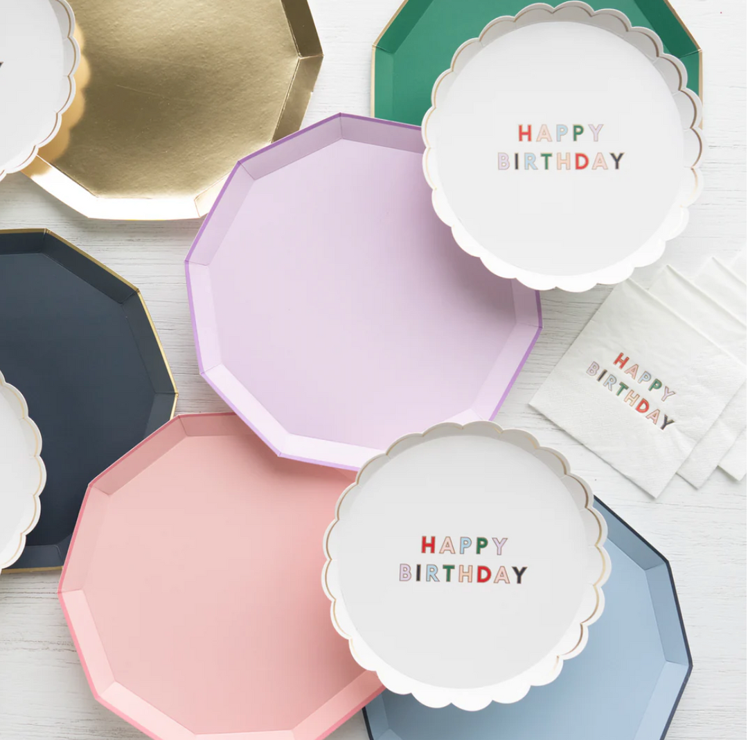 Platos Happy Birthday Blancos, 8 Uds