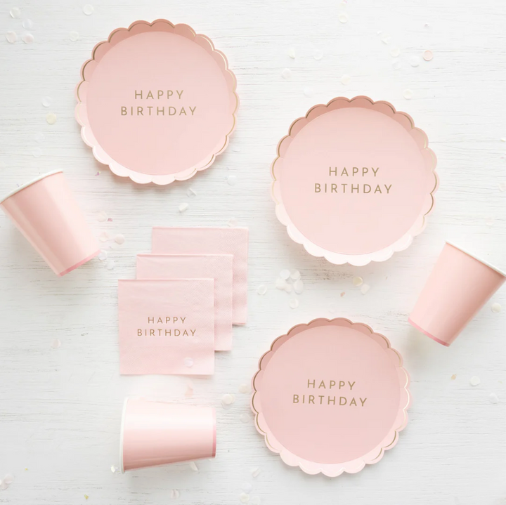 Plato "Happy Birthday" Rosa Pétalo, 8 Uds